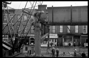 Myrtle Ave El being dismantled in the neighborhood of Clinton Hill, Brooklyn, in 1969. (Courtesy of William Gedney Photographs and Writings, David M. Rubenstein Rare Book & Manuscript Library)
